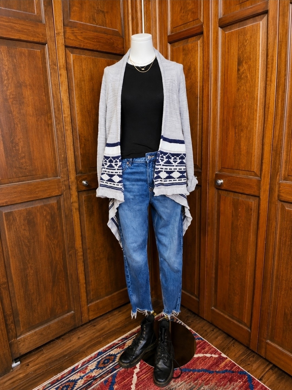 Mossimo Supply Co. Light Gray Cardigan with Navy Pattern